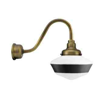 Primary Schoolhouse Gooseneck Light, 998-Natural Weathered Brass, Large Opaque Glass, Single Painted Band, 100-Black, G15 Gooseneck Arm, Decorative Backing Plate & Hex Cover